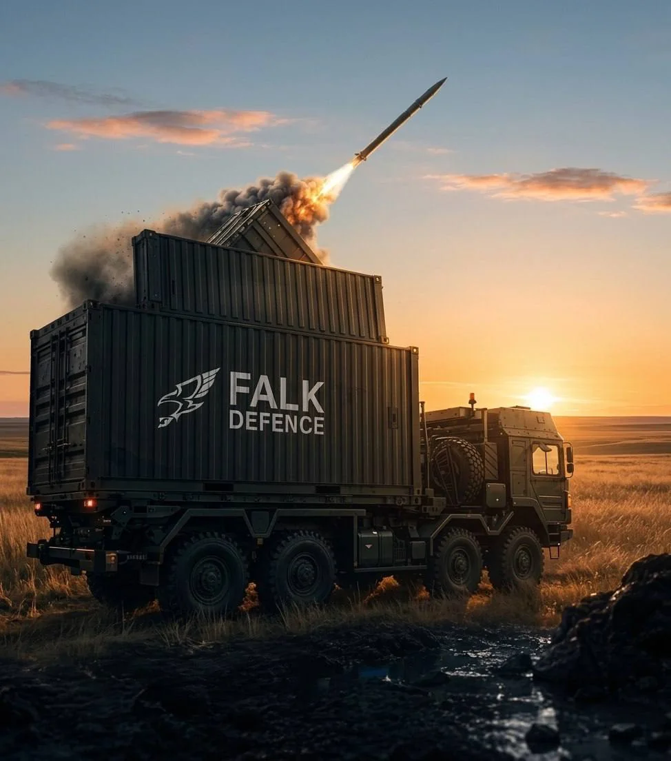Siegfried containerised launcher firing a guided rocket at dusk